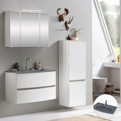 Waschtisch Set LAURIA-03 mit 3D Spiegelschrank inkl. Beleuchtung und Midischrank matt weiß mit Glasbecken grau, BxHxT: ca. 140x200x49 cm (1/5)