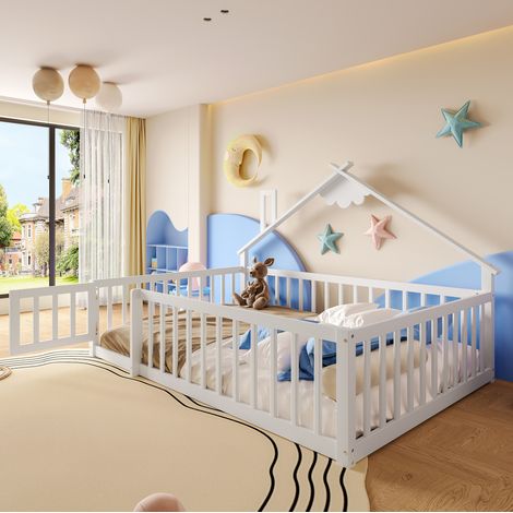 MODFU – Lit cabane enfant 140x190 cm pin et MDF blanc – Barrière de sécurité à verrou – Design maison – Blanc (1/5)