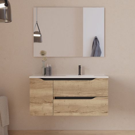 Meuble de salle de bain 100cm avec vasque déportée à droite et miroir - 2 tiroirs et un placard - madera miel (bois clair) - ZARZA