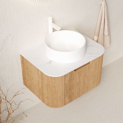 Mobile lavabo sospeso 61 cm, lavabo in ceramica, piano in pietra sinterizzata, finitura effetto legno, bianco e legno naturale (1/5)