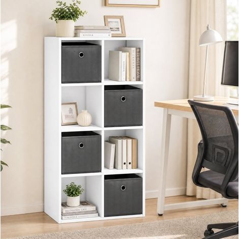 Bibliothèque 8 cases 105,9x30x53,7 cm en bois blanc, 4 tiroirs en tissu gris pour salon FloraGrace (1/5)