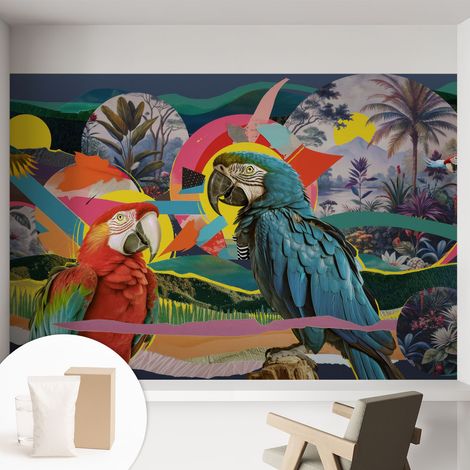 Papier peint intissé avec imprimé pour décoration intérieure pour rénovation a motif - Colle incluse gratuite Oiseaux exotiques 152x104 cm (1/5)