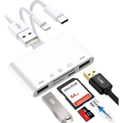 Lettore di schede di memoria universale 5 in 1 con connettori USB/Lightning/USB-C e slot per schede SD/TF, adattatori USB OTG, compatibile con schede di memoria SD/Micro SD.