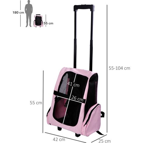 Sac à dos ou trolley de transport 2 en 1 pour chiens et chats. avec 2 roues. poignée rétractable en aluminium et poches. 42 x 25 x 55 cm. rose (1/5)