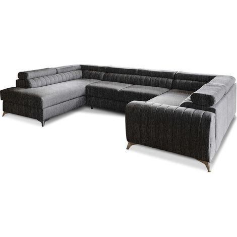 Canapé panoramique convertible LOUVE tissu - Rangement et têtières réglables à gauche-Gris vintage-Coffre à gauche (1/5)