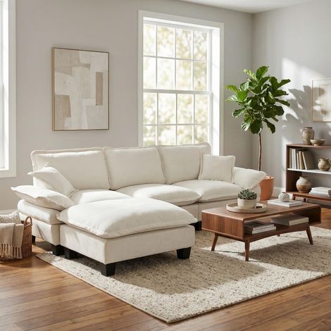 Canapé d'angle modulable, canapé Cloud en forme de L au design inspiré des voiliers, comprenant 1 pouf amovible et 2 coussins moelleux, revêtement en chenille confortable, beige, idéal pour les salons (1/5)
