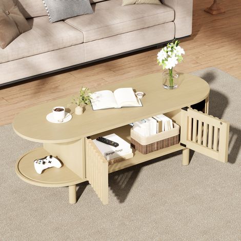 Mesa de centro ovalada 100x40x38 cm MDF y patas de madera con almacenaje - CHICFURN (1/5)