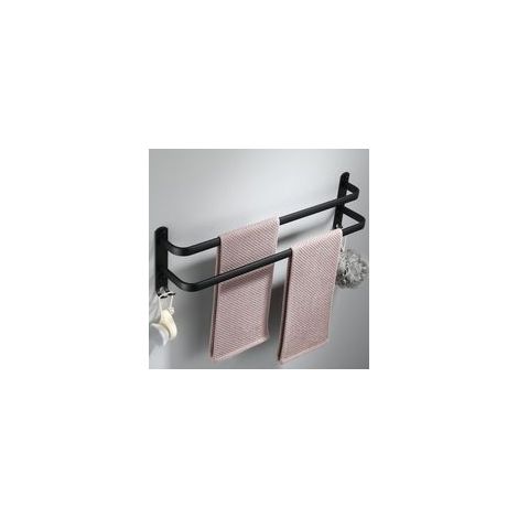 Porte-serviettes mural en aluminium - 2 étages - Avec crochets -40cm - Étanche - Noir - Pour salle de bain, cuisine, salle de bain (1/5)