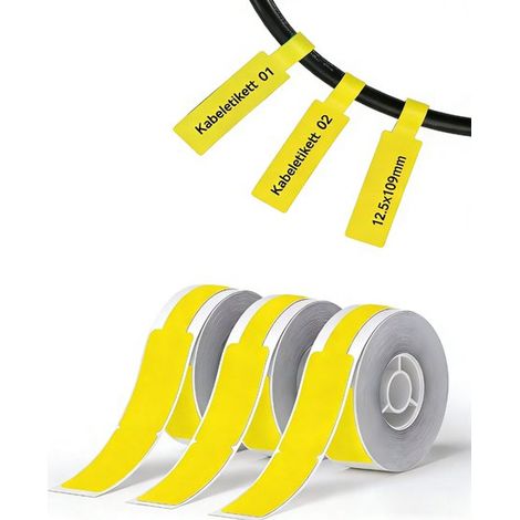 Etichette a trasferimento termico per cavi, 12,5 x 109 mm, per stampanti di etichette D110, D11, D101 e H1S. 3 rotoli da 65 etichette gialle ciascuno. Ideali per l'organizzazione dei cavi. (1/5)