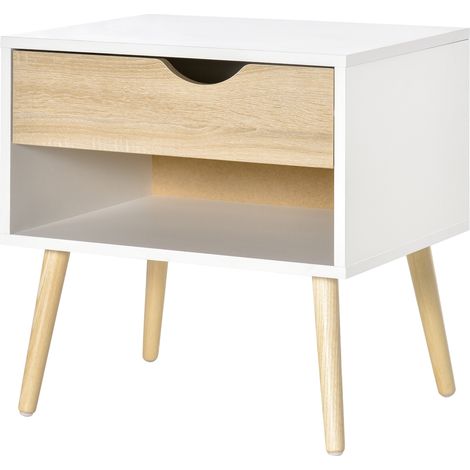 Table de chevet avec tiroir, design moderne, pieds en bois massif, 50 x 39 x 51 cm, bois blanc et naturel