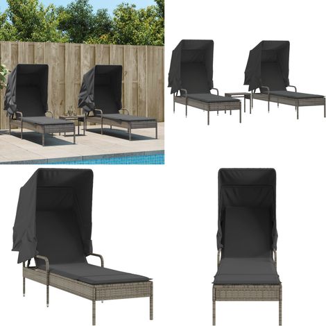 Sonnenliegen 2 Stk. mit Dach und Tisch Grau Poly Rattan - Sonnenliegen - Gartenmöbel - Outdoormöbel - Liegefläche - Pool Accessoire - Home & Living (1/5)