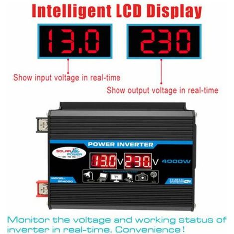 Onduleur Pur Sinus - 4000 W - 12 V DC vers 220 V AC - Double Affichage LCD - Pour Camping-Car Voiture Camion - 1 Pièce (1/2)