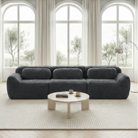 Divano modulare 3 posti in tessuto plush grigio, senza montaggio, base antiscivolo (1/5)