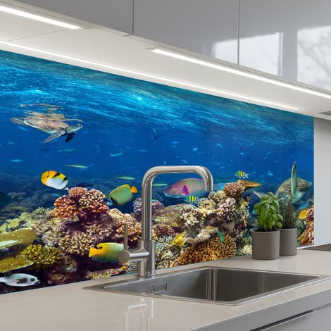 Kitchen Splashback Underwater landscape - Fish - Turtle - Blue 100x60 cm