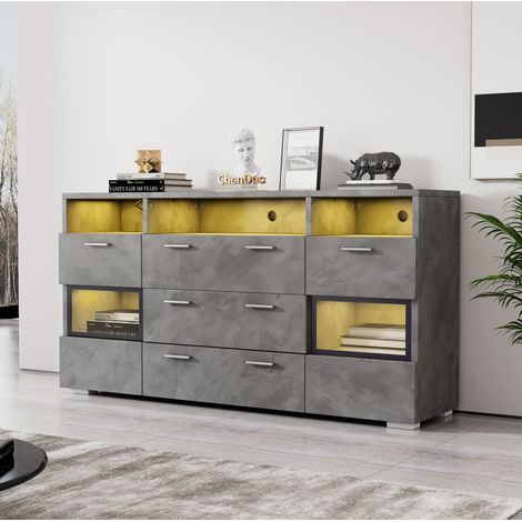 Buffet moderne 140 cm gris, LED, portes en acrylique transparentes, 2 portes, 3 tiroirs, REDOM (1/5)
