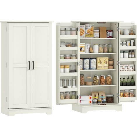 Credenza da cucina, mobile a 5 ripiani con ante e ripiani regolabili, 60L x 40P x 120H cm, finitura effetto legno color crema. (1/5)