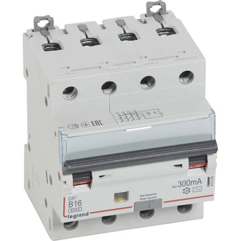 Disjoncteur différentiel monobloc DX³6000 10kA arrivée haute départ bas à vis 4P 400V - 16A - typeAC 300mA - courbe B - LEGRAND (1/2)