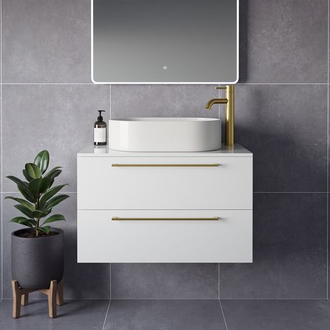 Napoli 460 Gloss White 800mm Wall Mounted 2 Drawer Vanity Unit for Countertop Basins - 800mm - Brushed Brass 480mm Handle
