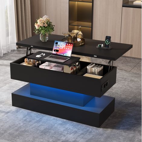 Table basse relevable à LED avec prise, rangement dissimulé, table d'appoint de canapé - Meuble de salon/chambre, 100x50x51.5 cm, noir (1/5)