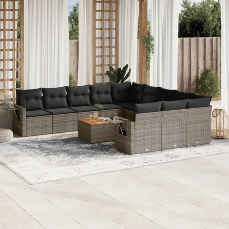 Ensemble Salon de Jardin Modulaire 12 Places en Résine Tressée Gris avec Coussins et Table Acacia (1/3)