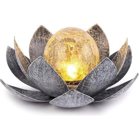[JAMAIS UTILISÉ]Lampe de table solaire LED d'extérieur en forme de lotus en verre craquelé, décoration de jardin, lanterne solaire en métal nénuphar (argent noir) (1/5)