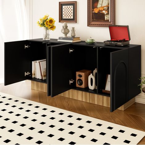 Madia 4 ante, 160 x 38 x 75 cm, pannello truciolare nero e legno DESVIAE (1/5)