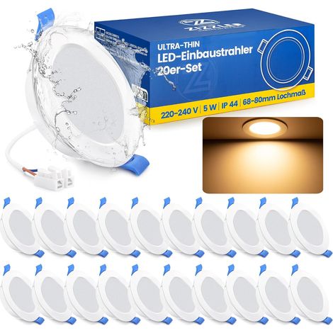 Spots LED Encastrable Salle de Bain Plafond, Lot de 20, Extra Plat, Trou 68mm, Blanc Froid 6000K, Etanche IP44, 5W, 220V, Diametre 90mm, Interieur Cuisine Bathroom (1/5)