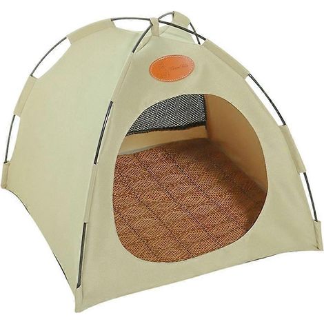 Haustierbett, Indoor-Zelt für Kleintiere, Sommerkühlbett mit Kissen, Größe L, cremeweiß.