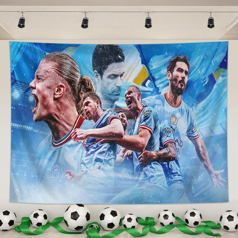 Tapisserie Murale Foot, Écussons Man City,Tissu Peachskin, Pour Salon, Bar, Chambre, Fan Zone, Outils Montage Inclus,07, 200x150cm