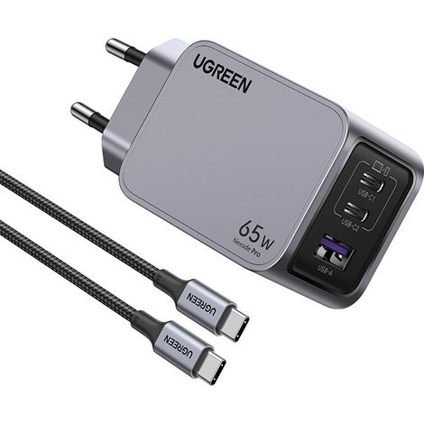Ugreen Nexode Pro Wandladegerät, USB + 2x USB-C, 65W + 1,5m USB-C-Kabel (schwarz)