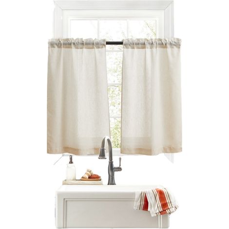 Cortinas de cocina - Cortina corta de lino transparente, semitransparente, decoración para ventanas pequeñas, bolsillo para barra, 63,5 x 63 cm, 2 paneles, beige claro (1/5)