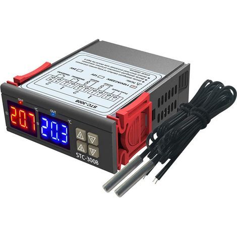 Termostato controlador de temperatura con dos pantallas digitales, dos sondas NTC y salida de relé, 24 V CC – 24 V CC (1/5)