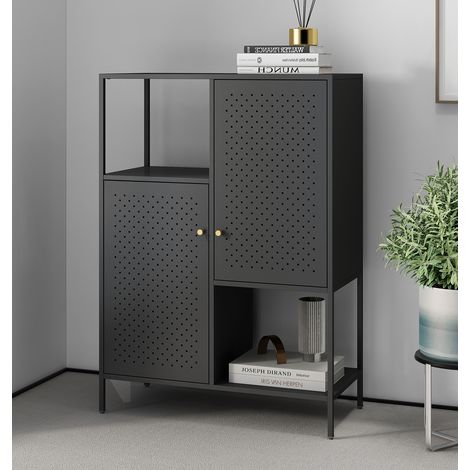 Hallowood Furniture Bewdley Display Cabinet with 2 Shelves and 2 Single-Door Compartments, Small Black Metal Bookcase, Modern Office Shelving Unit for Hallway,  Living Room Cabinets