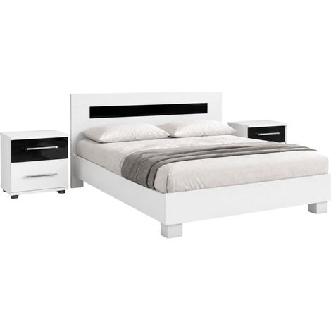 Conjunto de cama doble DUBLIN 160x200cm con somier y 2 mesitas de noche – Blanco y negro brillante (1/5)