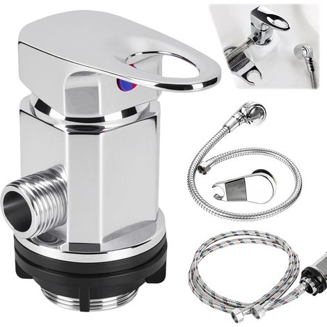 Mitigeur de douche sortie 1/2" avec tuyaux d'entrée et tuyaux de sortie de 80 cm + arroseur - Pommeau de douche chaud et froid - Pour lavabo, bol à shampoing, camping-car, camping-car (1/5)