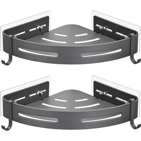 Etagère de Douche d'angle sans Perçage en Métal avec 2 Crochets pour Douche Support Antirouille Autocollant pour Articles de Salle de Bains 2 Pièces (Gris) (1/5)