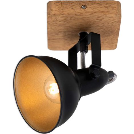 Luminaire à spots, spot mural, applique murale rétro, vintage, spot pivotant et orientable, 1x E14, métal et bois, noir et doré, 110x110x157mm (LxlxH) (1/5)