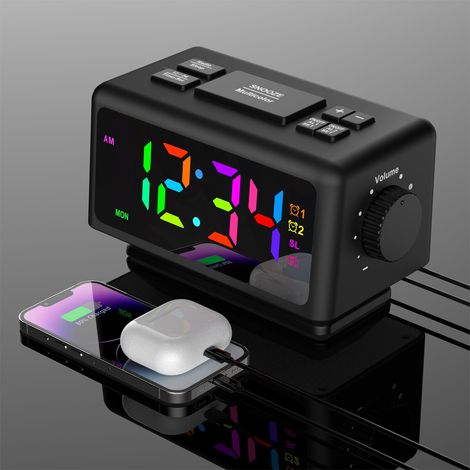 Digitaler Radiowecker, Digitalwecker, LED-Digitaluhr, mit 2 Alarmmodi, Timer, Digitalwecker mit stufenlosem Dimmer, einstellbare Alarmlautstärke, Schlummerfunktion, 12/24H, USB-Anschluss (schwarz)