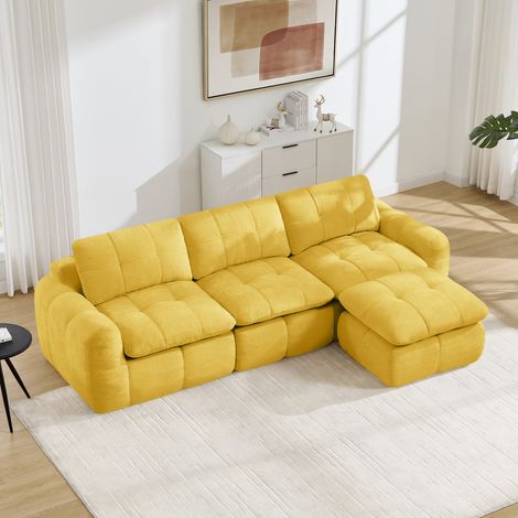 Canapé d'angle modulable 3 places sans structure, revêtement en chenille douce et agréable au toucher, garnissage en mousse haute densité 32D, livré monté avec 1 pouf, idéal pour les salons et apparte (1/5)