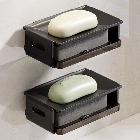 Porte-savon mural à ventouse - noir - en plastique double couche - avec trou de drainage - sans perçage - peut contenir du savon et des éponges (1/5)