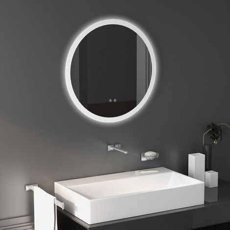 Runder, LED-beleuchteter Badezimmerspiegel Ø 60 cm zur Wandmontage mit 3-farbiger Beleuchtung, Touch-Schalter, 29 W, grau