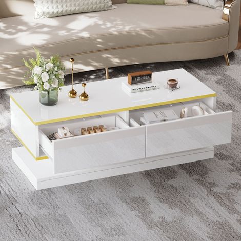 Table Basse fixe 100x50x38 cm, Design Modern Haut Brillant avec 2 Tiroirs de Rangement et Bord Doré, Table de Salon - Blanc (1/5)
