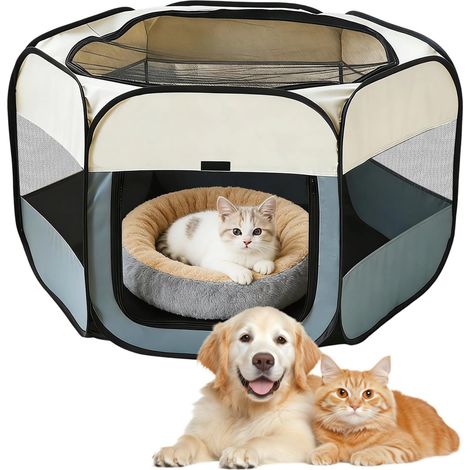 Parc pliable pour chiot - 110 x 110 x 60 cm - Parc portable pour chien - Parc pour chien pour appartement - Parc pliable pour chien - Pour animaux de compagnie, chats, lapins et petits animaux (beige