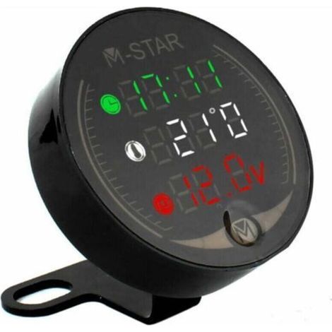Voltmètre ATV Moto 4 en 1 + Horloge électronique + Thermomètre + Chronomètre Testeur de tension de température LED numérique, Noir (1/5)