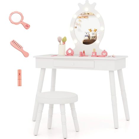 COSTWAY Set Toeletta Trucco per Bambina con Sgabello, Specchiera Trucco Staccabile con Luci LED a 3 Colori, Postazione Trucco Giocattolo con Cassetto e Accessori, per Bambine di 3-7 Anni (Bianco) (1/5)