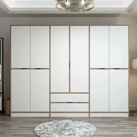 Großer Kleiderschrank Gaspard, Schlafzimmer 5 Regale, Kleiderstange, 2 Schubladen, 277x208h cm Weiß und Nussbaum\ und Nussbaum\ (1/5)