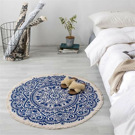 Round Mandala Rug Bohemian Style Cotton Washable Living Room Bedroom Rug Diameter 92cm Blue (1/5)