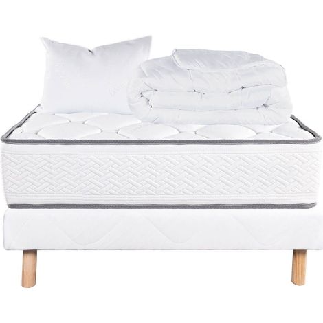 IZAC - Pack Matelas + Sommier Tapissier Blanc 90x190 cm + 1 Oreiller + 1 Couette (1/5)