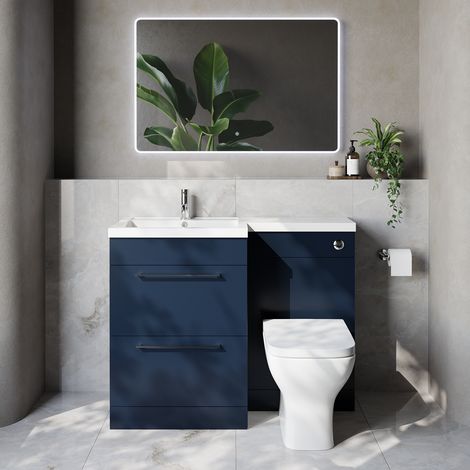 Napoli 460 Deep Blue 1100mm 2 Drawer Vanity Unit Toilet Suite with Left Hand Square Lucia Basin - 1100mm - Chrome 320mm HandleWith Kingston Toilet Pan and Seat