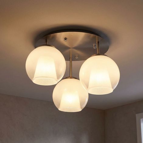 Plafoniera 3 fiamme retro in vetro opalino plafoniera da soggiorno lampada da ingresso, metallo nichel cromo, 3x prese E27, DxH 41x28,5 cm